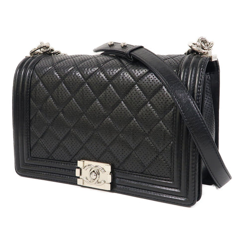 CHANEL Quilted CC SHW Boy 28cm Chain Shoulder Bag Calfskin Leather Black