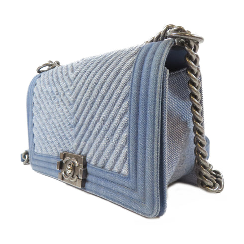 CHANEL Herringbone CC SHW Boy 25 Chain Shoulder Bag A67086 Denim Blue