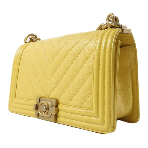 CHANEL Herringbone CC GHW Boy Shoulder Bag Grained Calfskin Leather Yellow