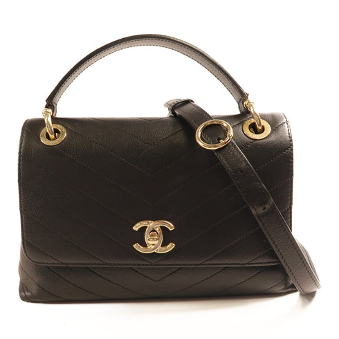 CHANEL CC GHW 2 Way Shoulder Bag Handbag Leather Black