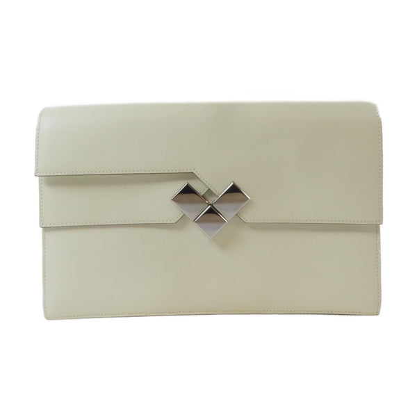 HERMES PHW Fortunio Clutch Bag Evercolor Leather Craie White