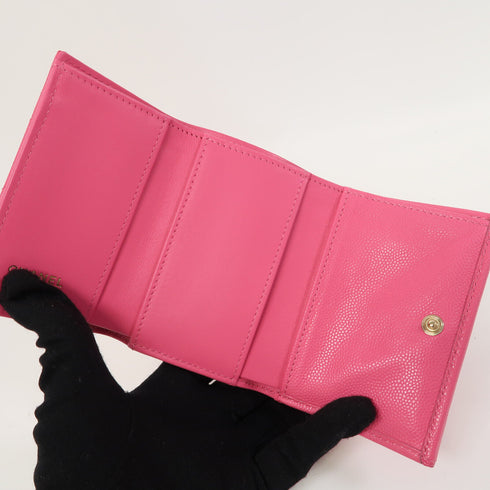 CHANEL Quilted CC GHW Tri-fold Wallet Caviar Leather Pink