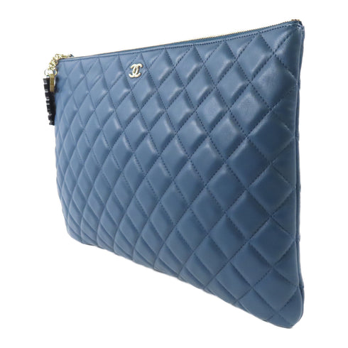 CHANEL CC GHW Pouch Clutch Bag Lambskin Leather Dark Blue