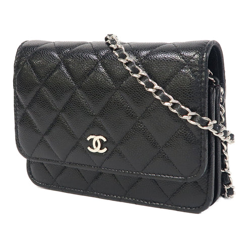 CHANEL Quilted CC SHW Wallet On Chain Mini WOC Chain Shoulder Bag Caviar Black