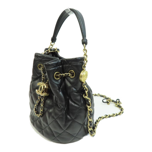 CHANEL Quilted CC GHW Bucket Bag 2Way Chain Shoulder Bag Calfskin Leather Black