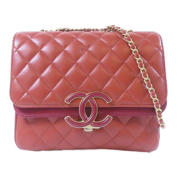 CHANEL Quilted CC GHW Double Flap Chain Shoulder Bag Lambskin Leather Red