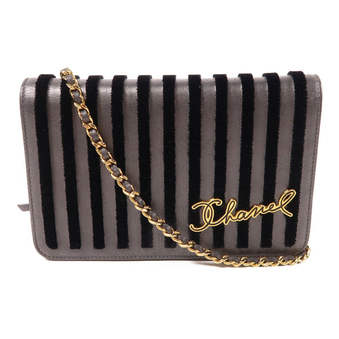CHANEL GHW Wallet On Chain WOC Shoulder Bag Calfskin Leather Velvet Gray/Black