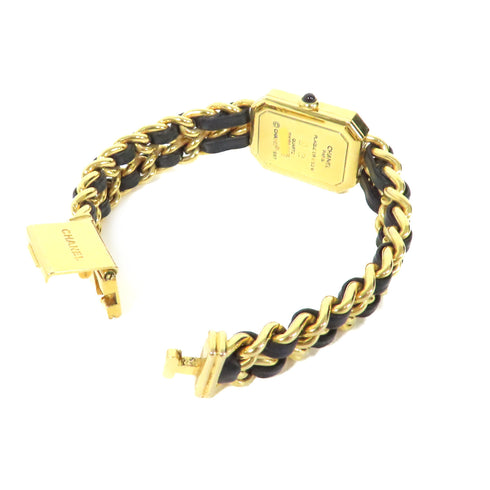 CHANEL GHW Premiere L Quartz Watch SS Leather Gold Plated H0001 Black