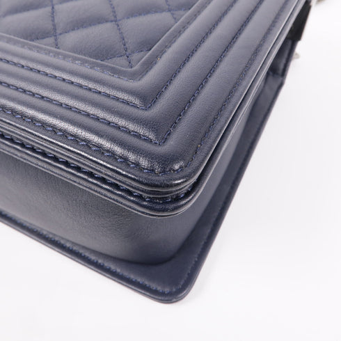 CHANEL CC SHW Boy 28 Shoulder Bag Lambskin Leather Navy