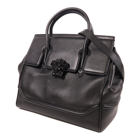 VERSACE GHW 2 Way Shoulder Bag Handbag Calfskin Leather Black