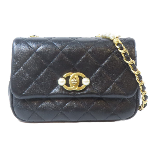 CHANEL Quilted CC GHW Mini Flap Pearl Shoulder Bag AS3000 Calfskin Leather Black