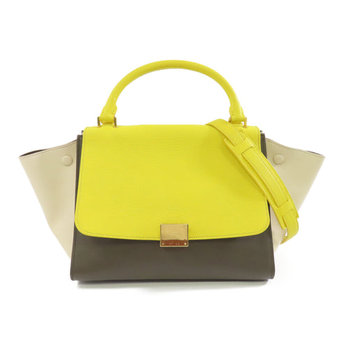 CELINE GHW Tapeze 2way Shoulder Bab Calfskin Leather Yellow Beige Brown