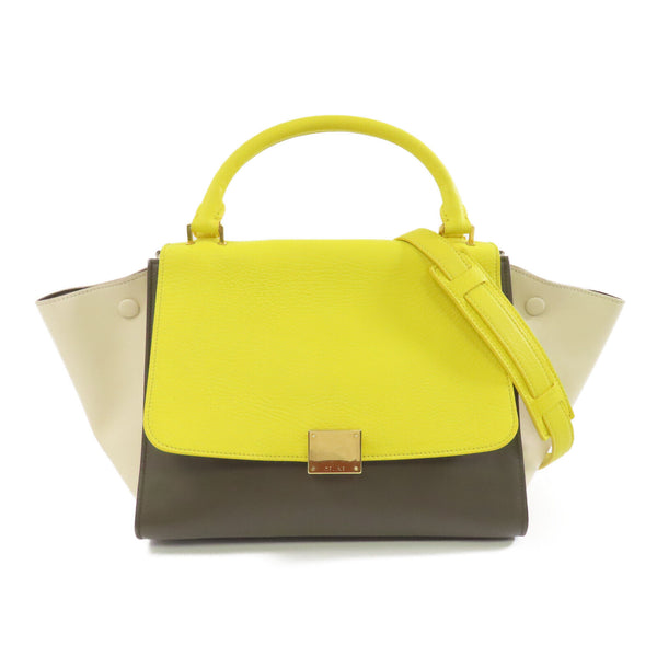 CELINE GHW Tapeze 2way Shoulder Bab Calfskin Leather Yellow Beige Brown