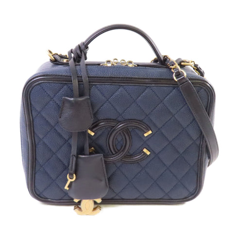 CHANEL Quilted CC GHW Filigree Vanity Case Hand Shoulder Bag Caviar Leather Navy