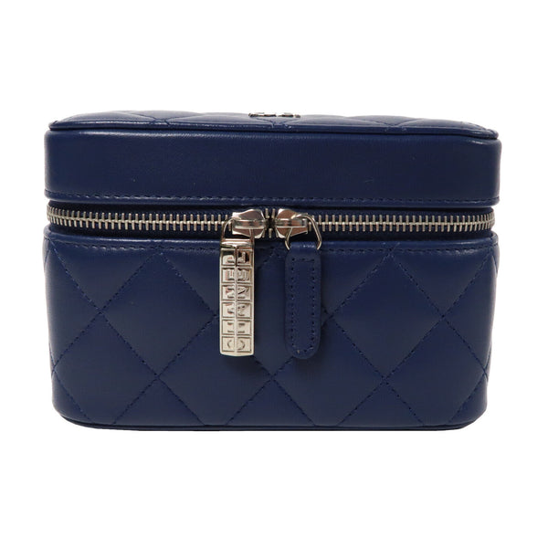 CHANEL Quilted CC SHW Jewelry Box Clutch Bag Handbag Lambskin Lather Blue