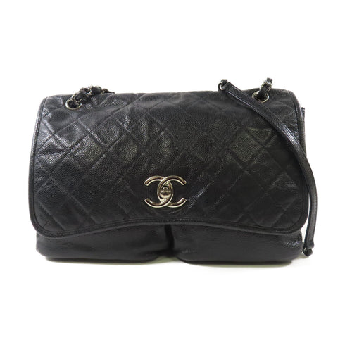 CHANEL CC SHW Split Pocket Flap Chain Shoulder Bag Calfskin Leather Black