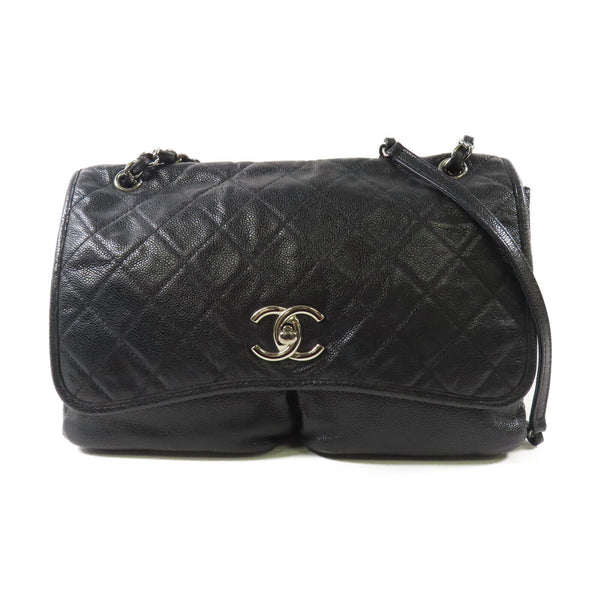 CHANEL CC SHW Split Pocket Flap Chain Shoulder Bag Calfskin Leather Black