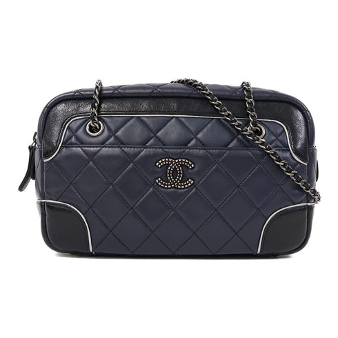 CHANEL Quilted CC SHW Chain Shoulder Bag Lambskin Leather Blue