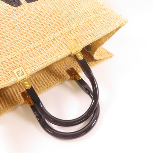 FENDI GHW Sunshine Medium Tote 2 Way Shoulder Bag 8BH386 AAYV Woven Straw Beige