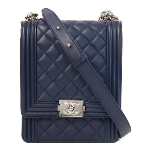 CHANEL Quilted CC SHW Boy North South Chain Shoulder Bag Lambskin Leather Blue