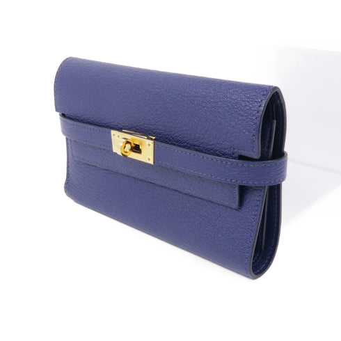 HERMES GHW Kelly Wallet Chevre Leather Bleu Encre Blue