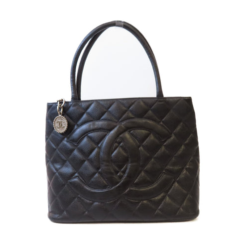 CHANEL Quilted CC SHW Tote Bag Shoulder Bag Caviar Leather Black
