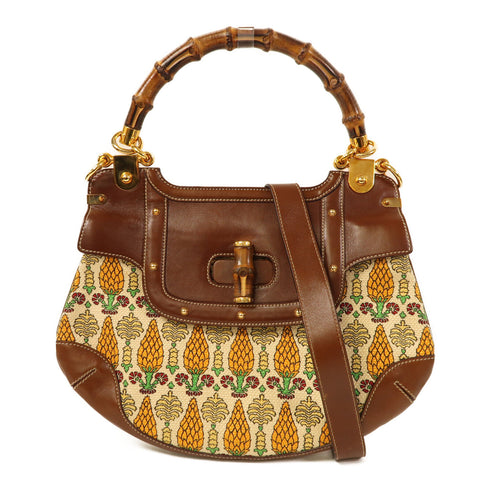 GUCCI GG GHW Pigna Print Peggy Bamboo 2 Way Shoulder Bag Handbag Canvas Leather