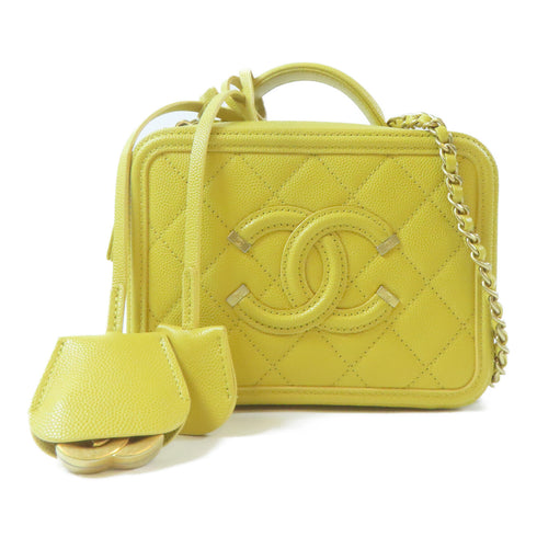 CHANEL Quilted CC GHW Vanity Case 2 Way Shoulder Handbag Caviar Leather Yellow