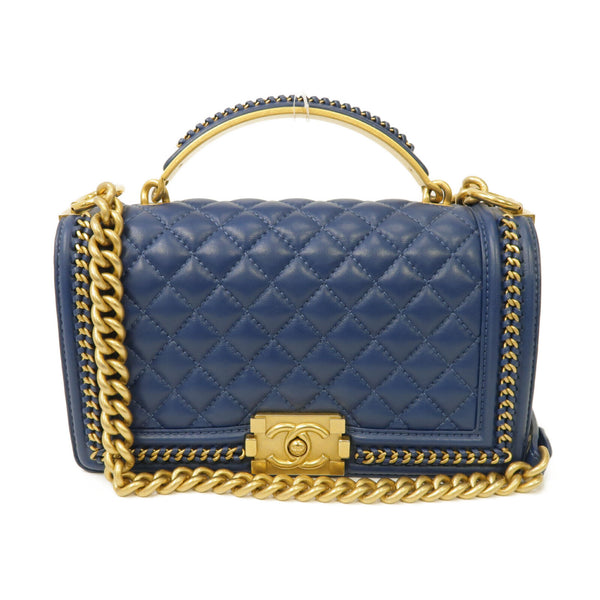 CHANEL Quilted CC GHW Boy 25 2way Chain Shoulder Bag Lambskin Leather Blue
