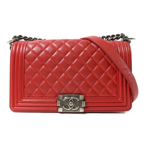CHANEL Quilted CC Boy 25cm Chain Shoulder Bag Calfskin Leather Red