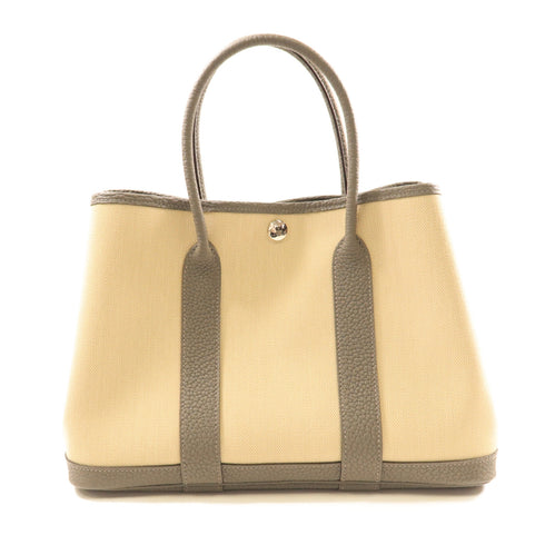 HERMES PHW Garden Party TPM Handbag Canvas Leather Beige Gray Grey