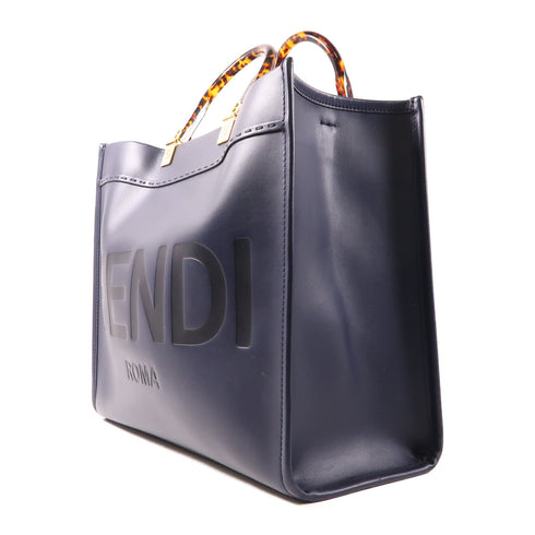 FENDI GHW Sunshine Tote 2 Way Bag 8BH386 Calfskin Leather Navy