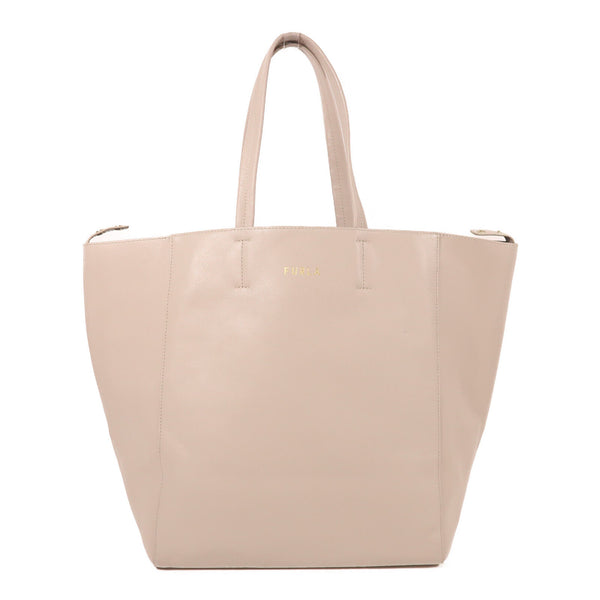 Furla GHW Shoulder Tote Bag Calfskin Leather Light Khaki