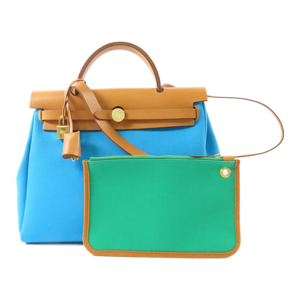 HERMES GHW Herbag PM 2way Shoulder Bag UMN007KD Canvas Calfskin Leather Blue