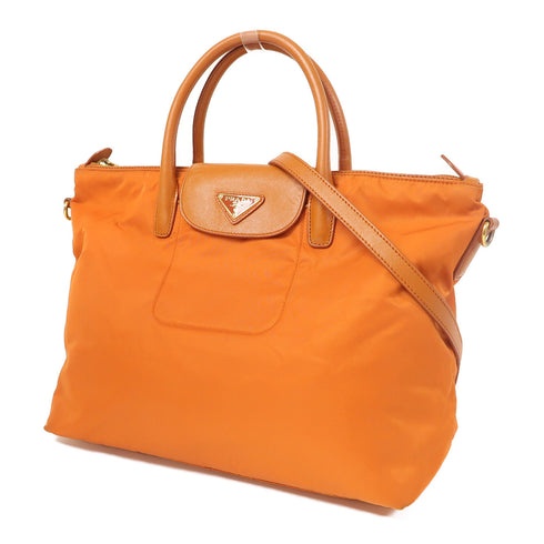 PRADA GHW 2 Way Shoulder Tote Bag Nylon/Calfskin Leather Orange