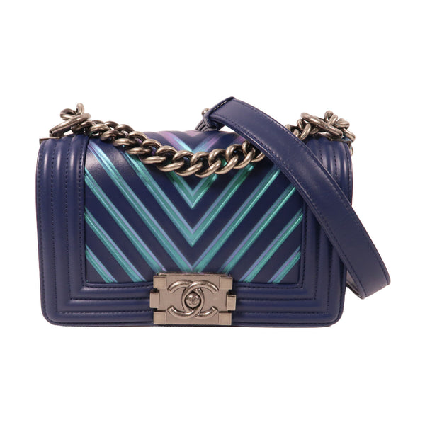 CHANEL CC SHW Boy 20 Chain Shoulder Bag Calfskin Leather Blue