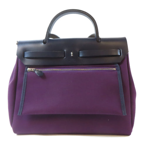 HERMES PHW Herbag PM 2 Way Shoulder Handbag Canvas Leather Cassis Bleu Indigo