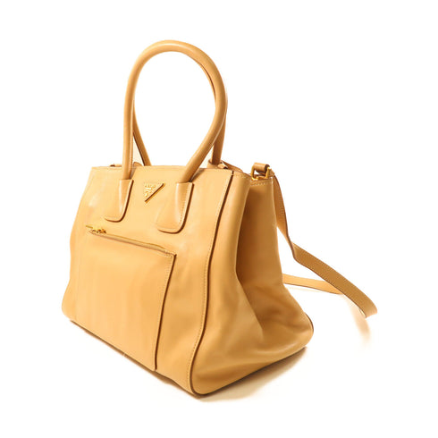 PRADA GHW 2 Way Shoulder Bag Calfskin Leather Brown