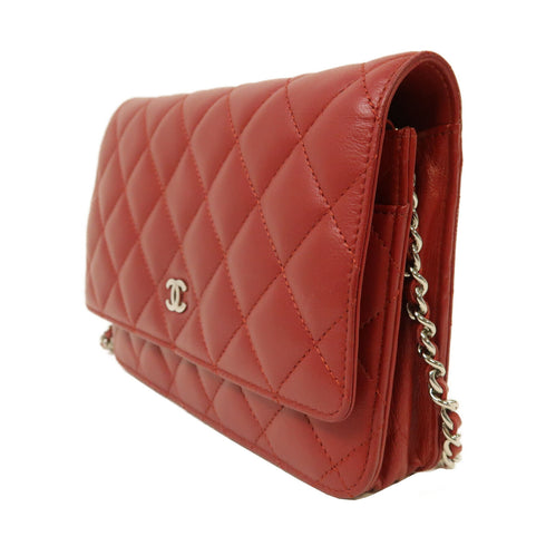 CHANEL Quilted CC SHW Wallet On Chain Shoulder Bag Lambskin Leather Red
