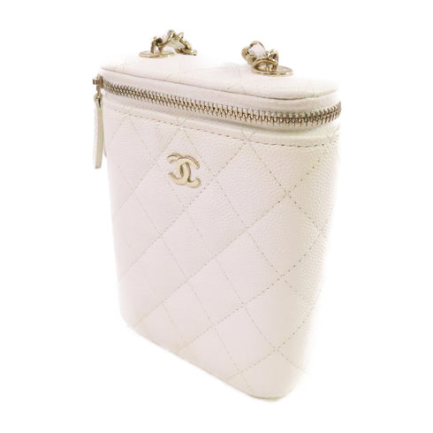 CHANEL CC GHW Vanity Case Chain Shoulder Bag Calfskin Leather White