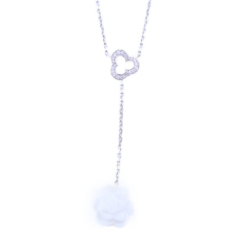 CHANEL CC Camellia White Agate Diamond Necklace J2934 18K White Gold