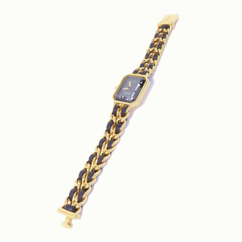 CHANEL CC Premiere L Quartz Watch Gold Plated Leather Black