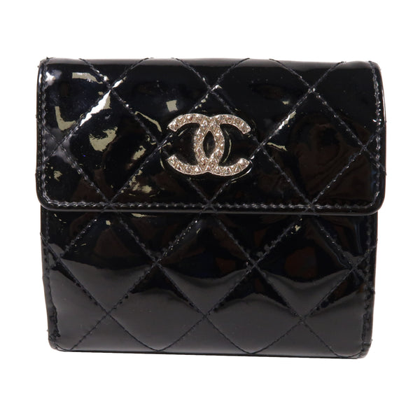 CHANEL Quilted CC SHW Wallet Patent Leather Black