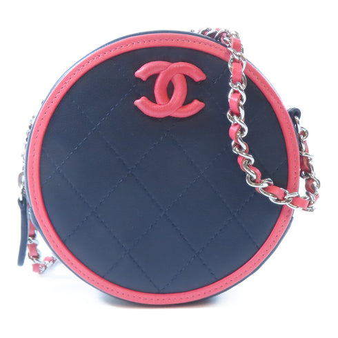 CHANEL Quilted CC SHW Chain Shoulder Bag Lambskin Leather Navy/Pink