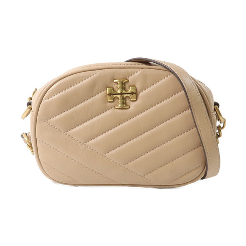 TORY BURCH GHW Kira Chevron Camera Shoulder Bag 152353 Calfskin Leather Beige