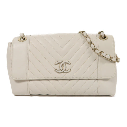CHANEL Herringbone CC GHW Chain Shoulder Bag Calfskin Leather White
