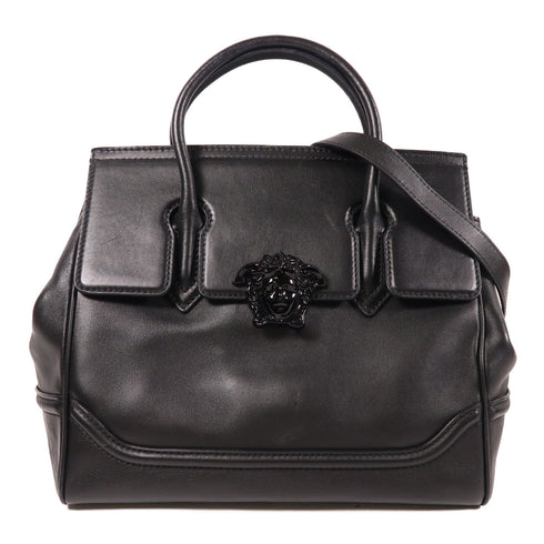 VERSACE GHW 2 Way Shoulder Bag Handbag Calfskin Leather Black