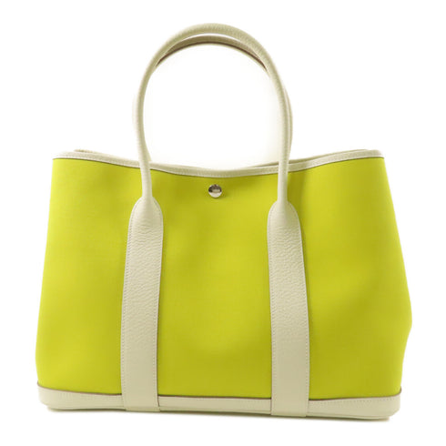 HERMES PHW Garden Party PM Handbag Canvas Lime/Blanc