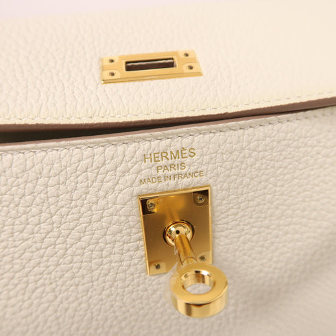 HERMES GHW Kelly 25 2 Way Shoulder Bag Togo Leather White