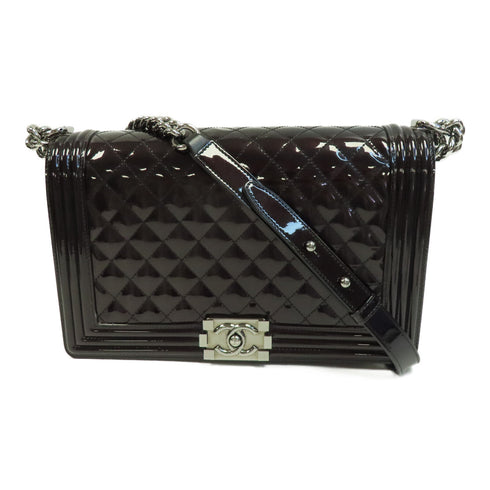 CHANEL Quilted CC GHW Boy 28 Chain Shoulder Bag Patent Leather Black